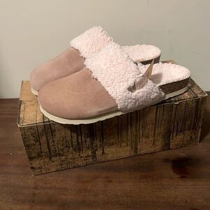 GENUINS Clog Pink Suede Faux Sherpa Cozy Slip On Slipper Slide Shoes